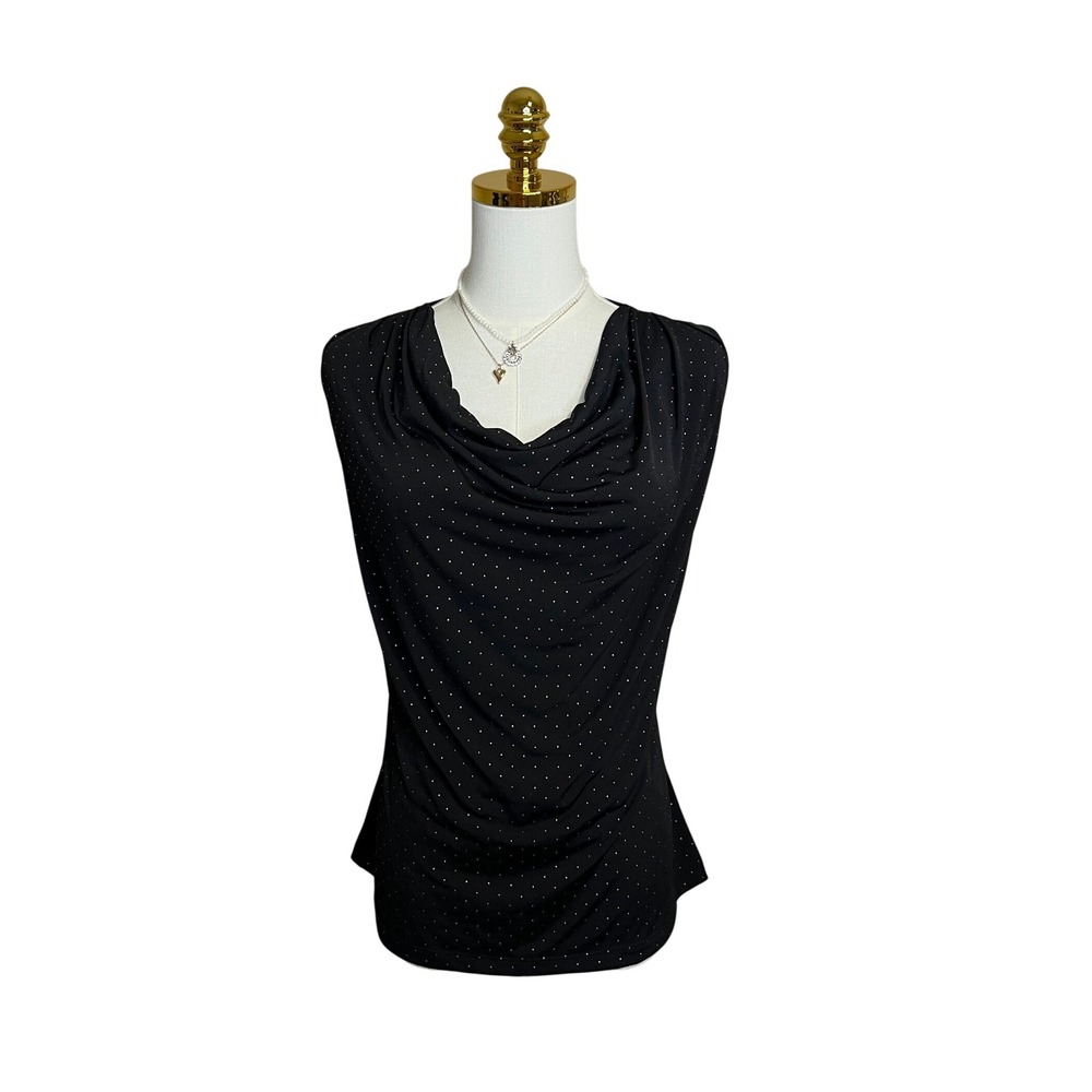 Jennie & Marlis Black Cowl Neck Sleeveless Top Silver Micro Dot Blouse Small